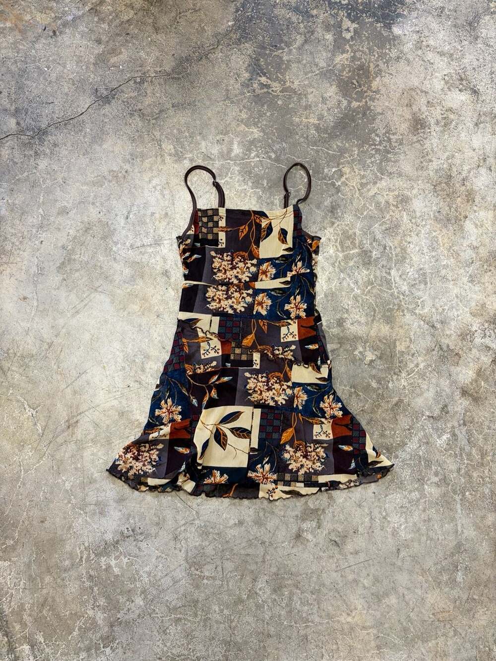 Y2K Floral/Leaves Mini Dress Ruffle Top Womens Brown Lined Size S
